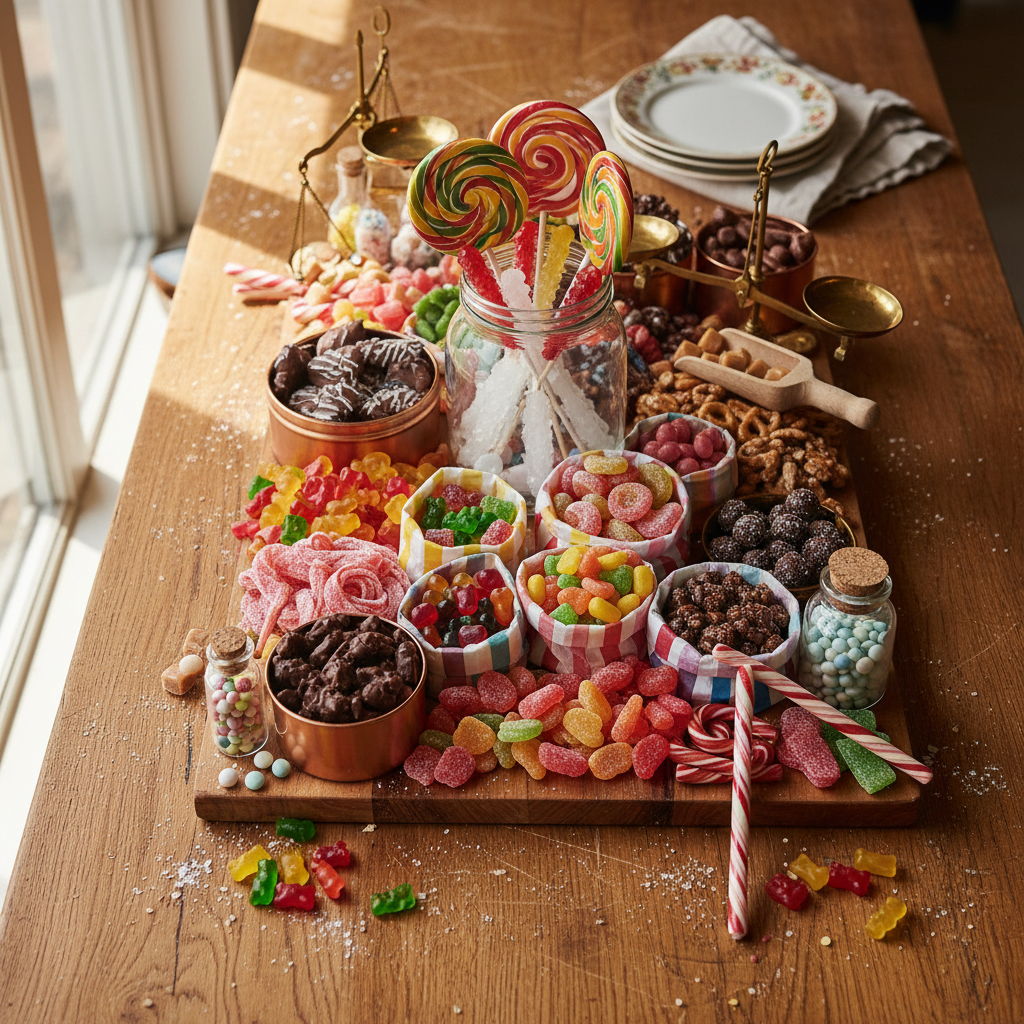 Nostalgic candy board arranged with retro candies organized by decade.
